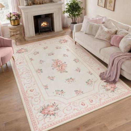 Lantine Boho Floral 5x7 Pink Area Rug for Girls Bedroom, Soft Washable Nursery Living Room Rug, Vintage Non-Slip Indoor Carpet for Dorm, Pink/5x7