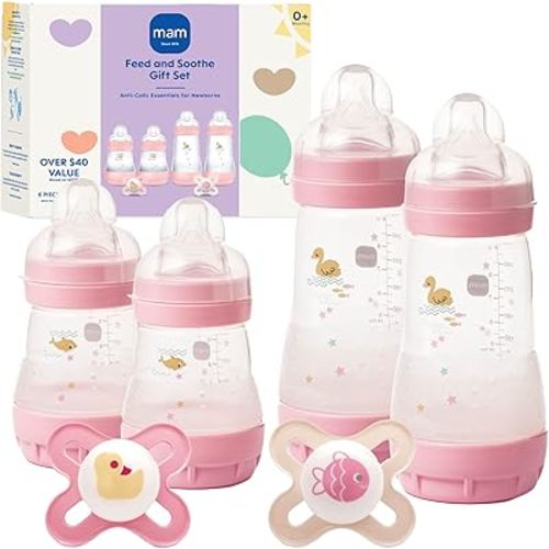 MAM Easy Start Anti-Colic Baby Bottle Starter Set – 4 Self Sterilizing Bottles (5oz & 9oz) + 2 Newborn Pacifiers Breastfed Baby Feeding Gift Set