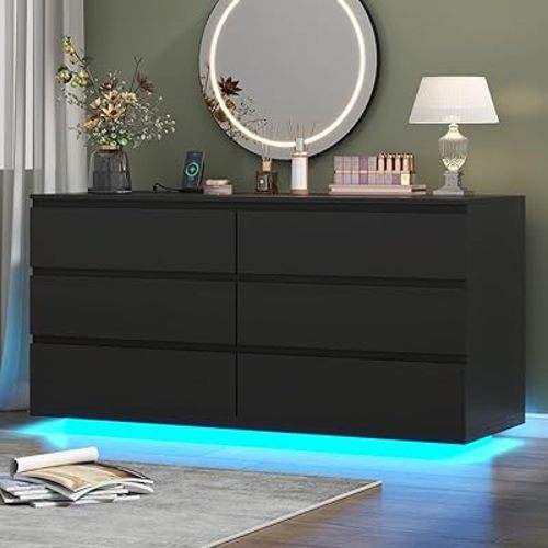Gyfimoie 6 Drawer Dresser with Power Outlet, Floating White Dresser Chest of Drawer with LED Light,Modern Double Wide Drawer Organizer Cabinet for Bedroom,Living Room