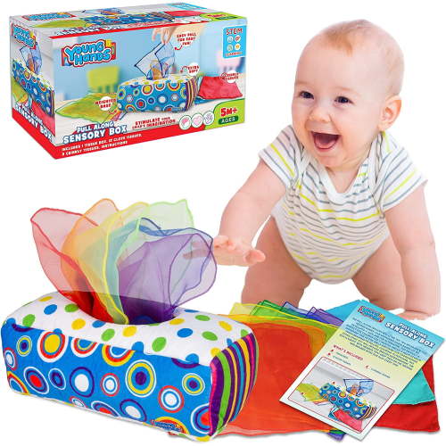 Sensory Pull Along Toddler Infant Baby Tissue Box - Colorful Juggling Rainbow Dance Scarves for Kids STEM Montessori Educational Manipulative Preschool Learning Toys – 5 Month 1-2-Year-Old Activities
