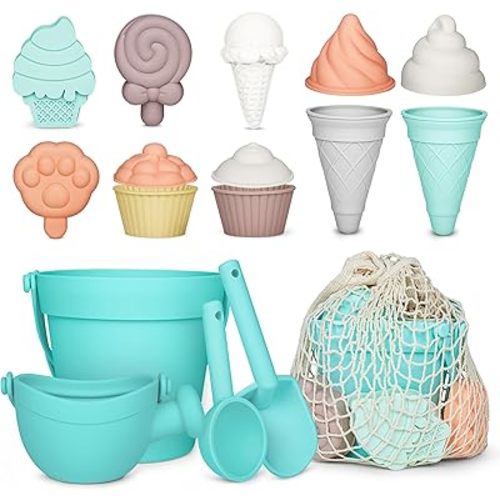 MarcZero 17Pcs Silicone Beach Toys,Modern Baby Beach Toys,Travel Friendly Beach Set,Silicone Bucket, Watering Can, Shovel, 12 Sand Molds, Beach Bag,Silicone Sand Toys for Toddlers, Kids (Mint Green)