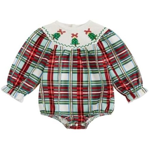 Ayalinggo My First Christmas Baby Girl Outfit Newborn Buffalo Plaid Bubble Romper Long Sleeve Round Neck Fall Winter Clothes