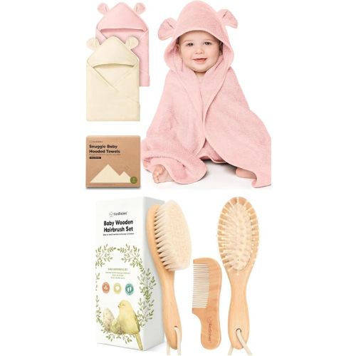 KeaBabies 2-Pack Hooded Baby Towels for Newborn and Baby Hair Brush and Comb Set - 100% Soft and Absorbent for Newborns, Infant, Wooden Kids Brush with Soft Goat Bristle