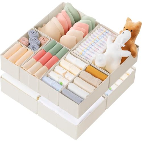 Drawer Organizer Clothes, 10 Pack Dresser Organizer for Baby Clothes, Underwear, Sock- Foldable Closet Organization and Storage Dividers Bins for Nursery, Bedroom (Beige)