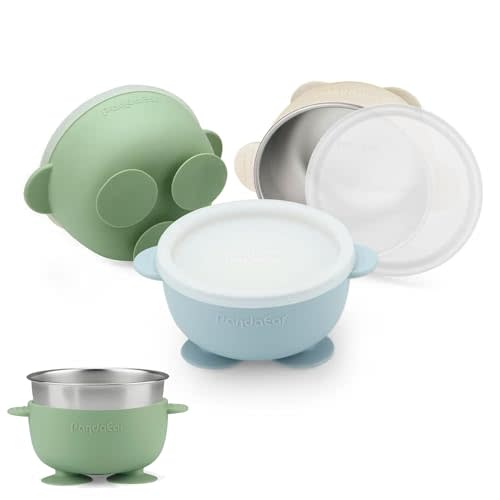 PandaEar 3 Pack Stainless Steel Baby Suction Bowls, Non-Slip Child Food Bowl with Silicone Sleeve for Kids Toddlers Infants, Unbreakable & Mess Free (Blue Green Beige, With Lids)