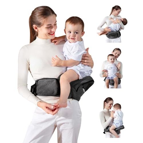 Baby Hip Seat Carrier, GROWNSY Ergonomic Hip Seat Baby Carrier with Multiple Pockets, Adjustable Extended Waistband for Newborns & Toddlers up to 50 lbs, Grey