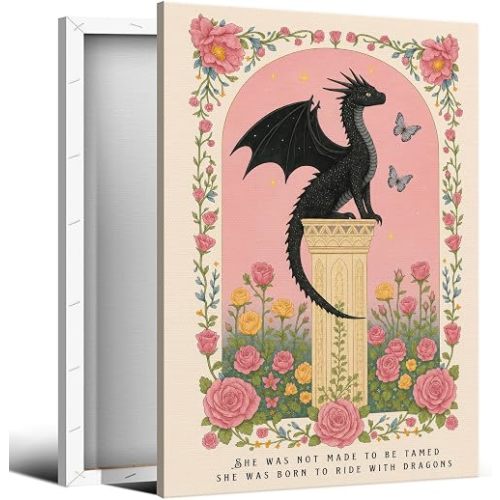 Fantasy Dragon Canvas Wall Art, Pastel Pink Floral Feminist Poster, She Was Born To Ride with Dragon Inspirational Print, Positive Affirmations Wall Decor for Girls Bedroom 12x16in Wrapped Canvas