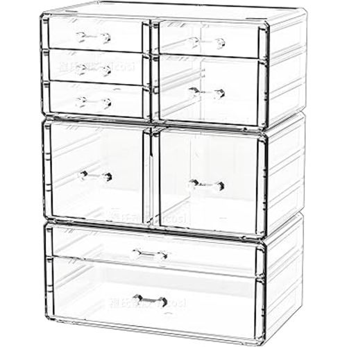 Cq acrylic Clear Stackable Storage Drawers,Plastic Makeup Organizer and Bathroom Storage Bins WIth 9 Drawers For Make up,Medicine,Craft,Pen,Beauty and Office Supply Organizer