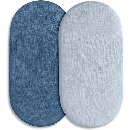 Muslin Bassinet Fitted Sheets 2 Pack, Soft Breathable Cotton Baby Bassinet Mattress Sheet Set, 360° Elastic Snug Fit, Universal for Oval, Rectangle (Bright Colors, Bassinet Sheets 2 Pack)