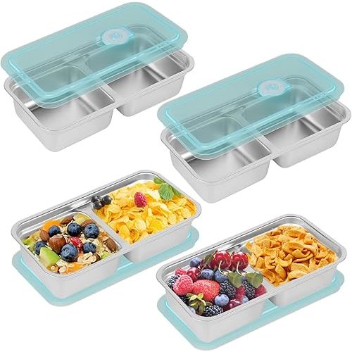 Stainless Steel Snack Containers Reusable - 4 Pack Grab and Go Snack Containers with Lids, 2 Compartment Snack Condiment Containers for Travel, Camping