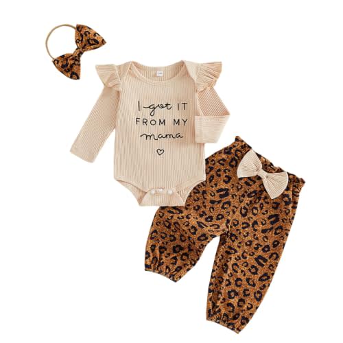 Leopard Baby Girl Outfits Ruffle Romper Pants and Headband Set | Trendy 3Pcs infant fall clothes, funny I Got It From My Mama printed, for newborn photoshoots and baby shower gifts