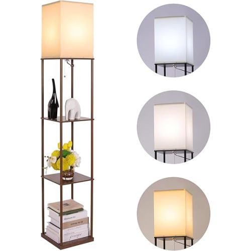 Gupuzm Floor Lamp with Shelves, Modern Square Standing Lamp with 3 Color Temperature Bulb, Corner Display Bookshelf Lamp for Living Room, Bedroom and Office (Brown-9)