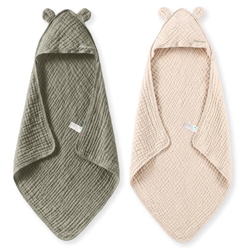 Momcozy Baby Towels, 6-Layer 100% Cotton Muslin Hooded Baby Towel Set for Newborn, Infant & Toddler, Soft Absorbent Baby Bath Essentials, Large 32 x 32 Inch