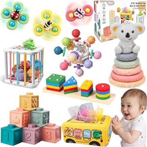 Montessori Baby Toys 6-12-18 Months, Toys for 1 + Year Old, Infant Teething Toy Stacking Building Blocks Shape Sorter, Spinner and More. Sorting Sensory Educational Learning Gift for Toddlers 1-3