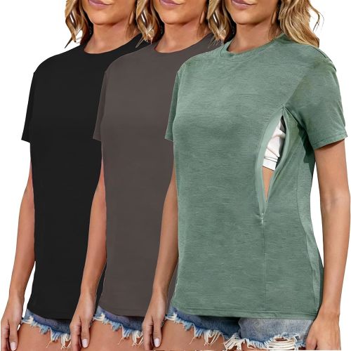 Ecavus Women's 3-Pack Nursing Shirts for Breastfeeding with Hidden Zippers Loose Fit Maternity Tops