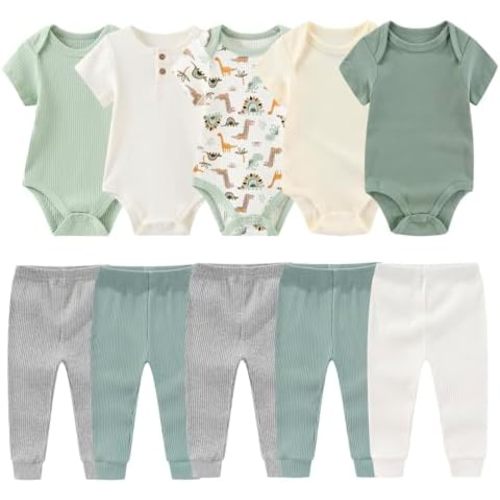 MAMIMAKA Newborn Baby Layette Gift Set 10-Piece Baby Boy Girl Short Sleeve Bodysuits with Pants Infant Outfit Essentials