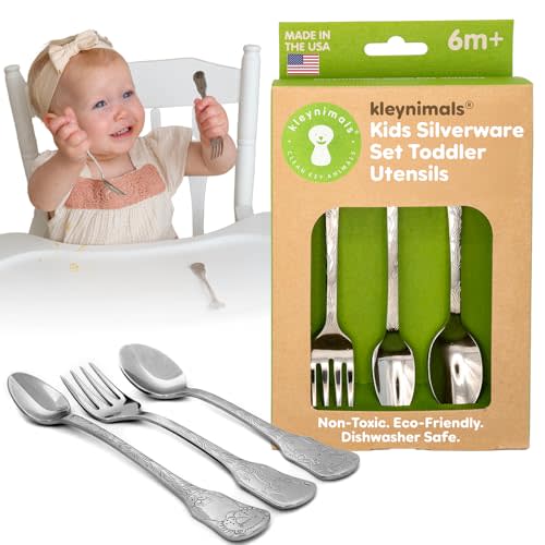 Kleynimals Safari Friends Made in USA Baby Flatware – 100% Stainless Steel Baby Forks and Spoons, Non-Toxic, BPA-Free, Eco-Friendly, Dishwasher Safe – Safe Utensils for Babies & Toddlers