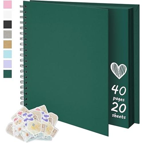 8X8 Inch DIY Scrapbook Photo Album, Kraft Blank Paper Scrap Book 40 Pages Memory Book for Wedding Family, Dark Green