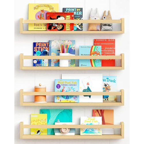 Forbena Natural Wood Nursery Bookshelves for Wall, 24 Inches Long Floating Book Shelves, Wall Mounted Bookcase for Baby Teen Girl Boy Kids Room Bedroom, Playroom Organizer, Bathroom Decor (4-Pack)