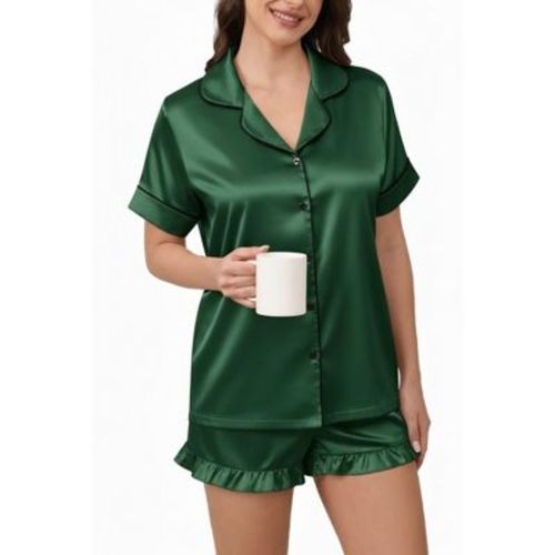 Ekouaer Women's 2 Piece Satin Pajama Set - Short Sleeve Notch Collar Button Down Top & Ruffle Hem Shorts, Summer Sleep & Loungewear Green XXL