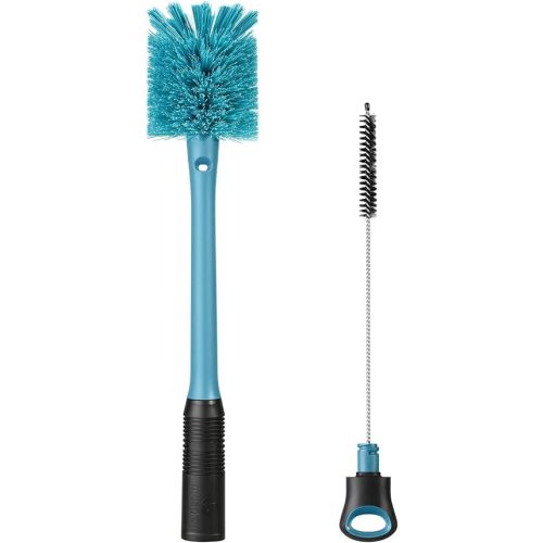2-in-1 Water Bottle Brush and Straw Cleaner Brush, Long Handle Scrub Brush with Replaceable Head for Water Bottles, Glasswares, Mugs, Flasks, Tumblers, Vases, and Kitchen Sink, Smokey Blue