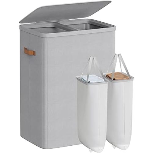 SONGMICS Laundry Basket, 44.9 Gal. Laundry Hamper, 2 Compartments, Easy Assembly, with Lid and Handles, Removable Inner Bags, 22 x 15.7 x 29.5 Inches, Dove Gray ULCB813G01