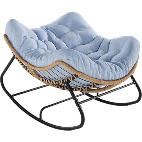 Papasan Rocking Chair, Outdoor Egg Rocker with Cushion, Light Blue