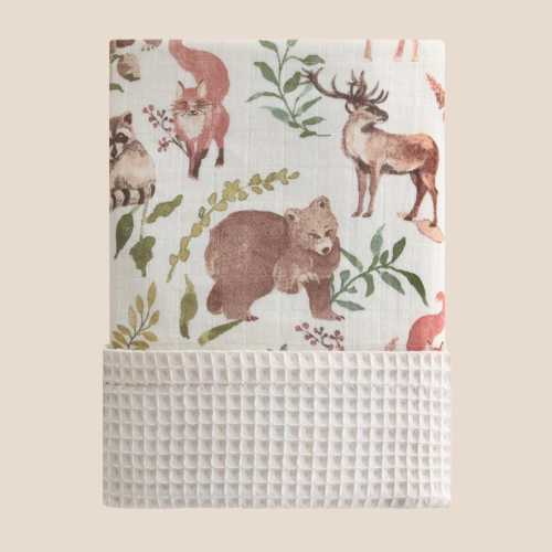 Reversible Baby Blanket: Bamboo Muslin & Cotton Waffle, Woodland Animals