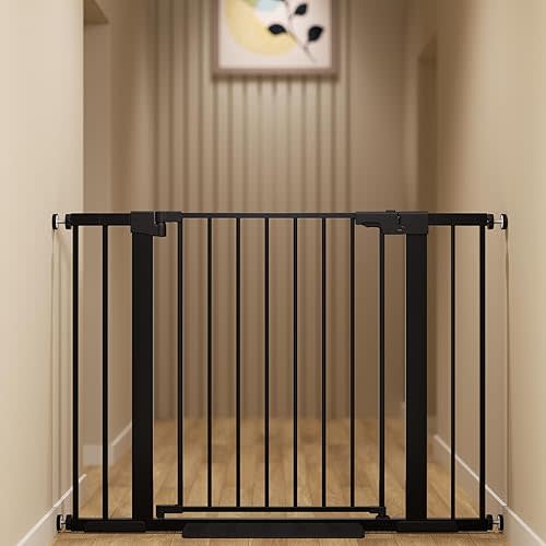 29-42 inches Metal Baby Gate for Stairs/Doorways, 30 inches Tall Pressure Mounted Pet Gates, Auto-Close Child Safety Gate, No Drilling Easy Walk-Through Dog Gate Indoor, Black