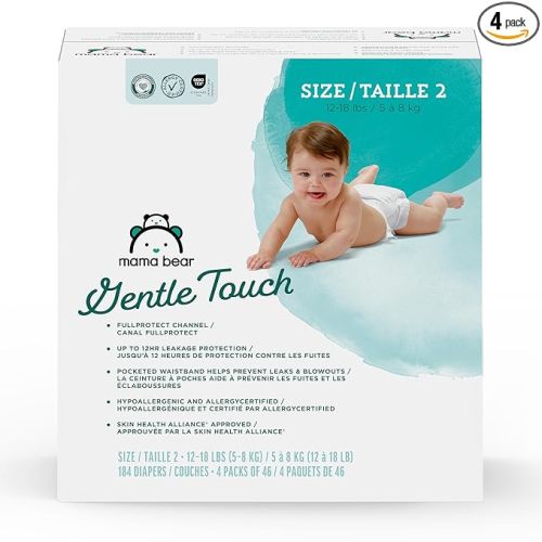 Amazon Brand - Mama Bear Gentle Touch Baby Diapers, Size 2, 184 Count (4 packs of 46), Leak Protection, Wetness Indicator, Fragrance-Free, Chlorine-Free