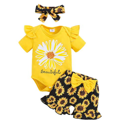 Zanarzt Toddler Girl Summer Outfits Baby Clothes Short Sleeve Romper Shorts Headband Sets 3Pcs Summer Outfits Yellow,6-9 Months