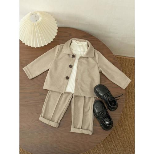 SHEIN 2pcs Baby Boy Elegant Formal Gentleman Outfit Set: Lapel Single-Breasted Top And Elastic Waist Casual Pants, Suitable For Autumn/Winter, 6 Months To 3 Years Old, Fashion Suit For Competition, Performance, Wedding, Party, Photography, Outdoor, Back T