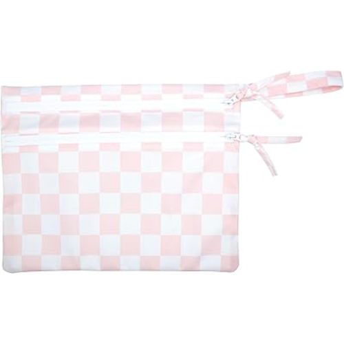 BapronBaby Pink Checkerboard Wet Dry Bag - Waterproof Two Zipper Pocket - Reusable for Mealtime, Diapers, Stroller, Snacks, Swimsuits - Machine Washable - 11" x 9"