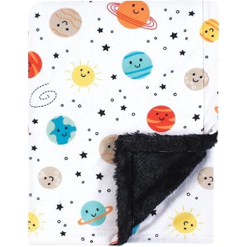 Hudson Baby Unisex Baby Plush Blanket with Furry Binding and Back, Happy Planets, One Size