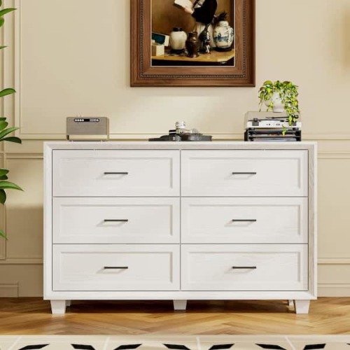 Modern White 55 in. Wide 6-Drawer Chest of Drawers with Metal Handles and Anti-Tip Hardware