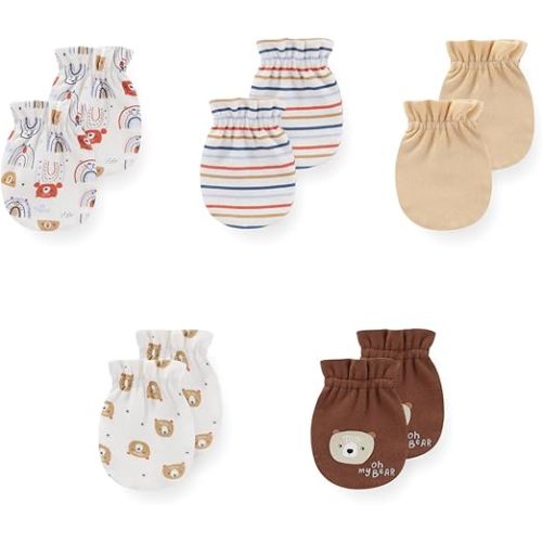 JELYLOVE 5 Pack Unisex New Born Boy Girls Anti Scratch Mittens Cotton Soft Baby Gloves 0-3 Months Infant Essentials