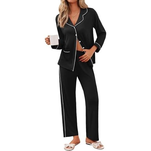 Ekouaer Pajamas for Women Set Button Down Pj Long Sleeve Shirt and Pants Lounge Sets Fall Sleepwear with Pockets