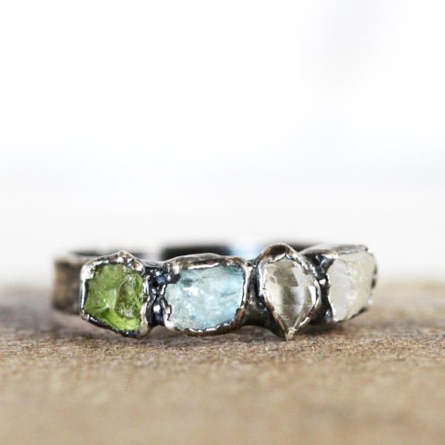Raw Birthstone Ring - Personalized Gift for Mom - Multi Stone Crystal Ring - Mother's Day Ring