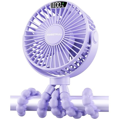 SWEETFULL Portable Stroller Fan with LED Display, 4 Speed Rechargeable Mini Clip On Fan, 360° Rotate Flexible Tripod Better Cooling Small Baby Fan for Car Seat Crib Travel Bike Treadmill (Purple)