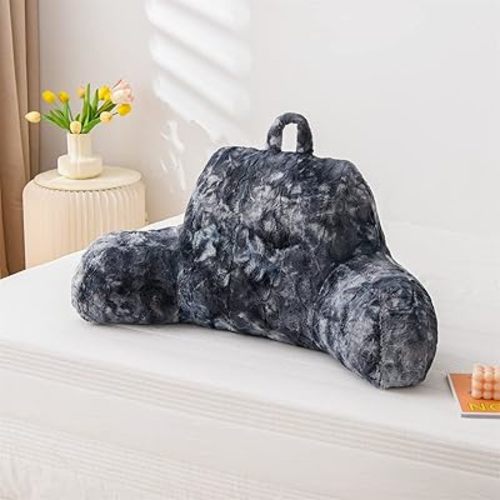 A Nice Night Faux Fur Soft Reading Pillow Bed Wedge Adult Backrest with Arms Back Support for Sitting Up in Bed/Couch for Bedrest,Tie Dyed Gray,Large