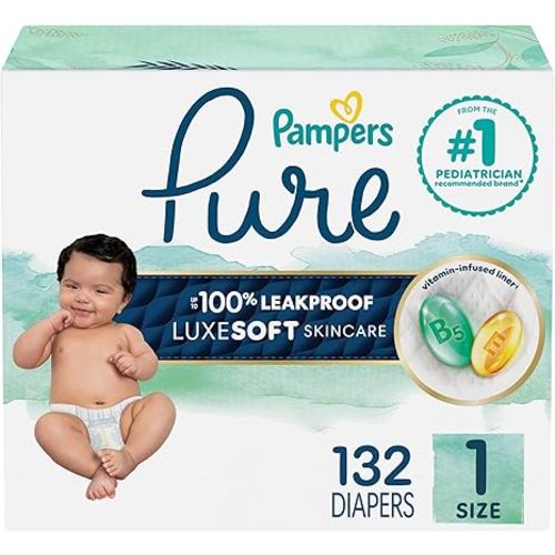Pampers Pure Baby Diapers, Size 1 (8-14 lbs), 132, Up to 100% Leakproof, Premium Hypoallergenic Soft Diapers