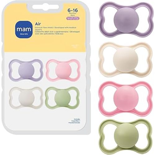 MAM Air Pacifier for Babies 6-16 Months, Extra Air Flow for Sensitive Skin, Developed with Medical Experts, BPA-Free Skin Soft Silicone, 4 Count, Made in Europe