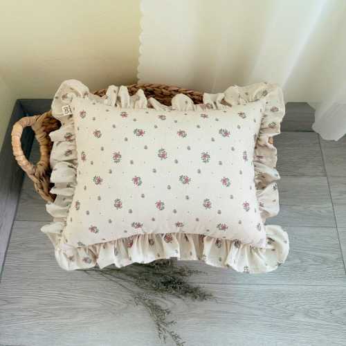 Linen Beige Floral Ruffle Pillow, Cottagecore Farmhouse Cushion, Spring and Fall Throw Pillow, Nursery and Sofa Decor, Gift for Her