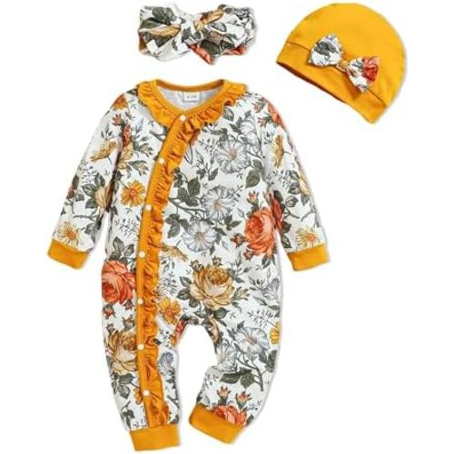 Newborn Baby Girl Clothes Infant Floral Print One-Piece Romper+Jumpsuit+Bodysuit+Hat+Headband