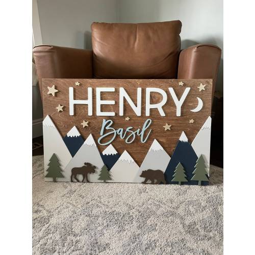 Personalized Mountain Wood Name Sign | Woodland Bear Nursery Decor | Baby Shower Gift for Boy | Kids Room Rectangle Wall Art with Stars