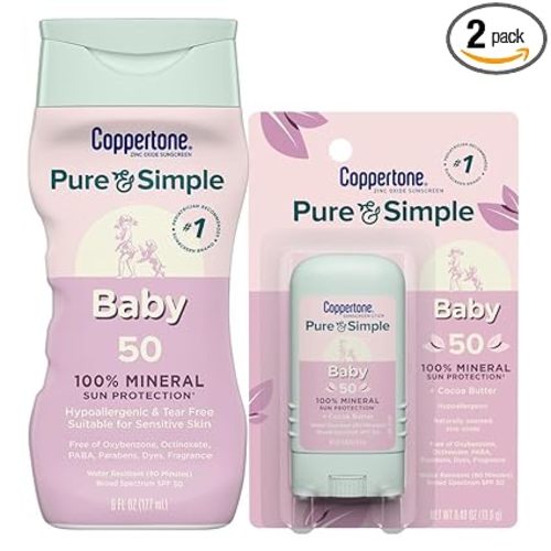 Coppertone Pure and Simple Baby Mineral Sunscreen Lotion SPF 50 (6 Fl Oz) + Baby Sunscreen Stick SPF 50 (0.49 Oz), Hypoallergenic and Fragrance Free