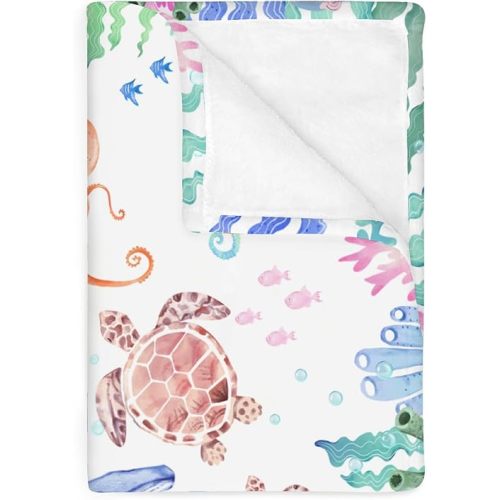 Colorful Ocean Animals Baby Blankets for Boy Girl Whale Turtle Jellyfish Sea Horse Corals Soft Flannel Nursery Bed Blankets for Infant Toddler Crib Summer Marine Swaddle Receiving Blanket 30x40inch