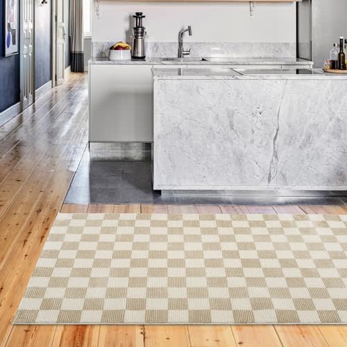 Revival Rugs Gambit 3'11" x 6'1" Checkered Rug Machine Washable Area Rug for Kitchen Bedroom - 100% Recycled Oeko-TEX Certified, Medium Pile, Camel, Beige