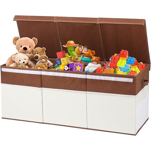 Extra Large Toy Box with Lids, Collapsible Toy Storage Organizer with Divider for Kids, Sturdy Toy Chest for Bedroom, Nursery, Living Room, Playroom, 40"x14"x16", White & Brown