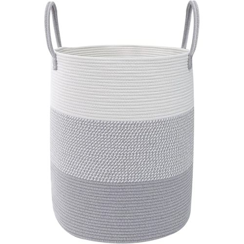 55L Woven Laundry Basket, Large Clothes Hamper with Handles- Grey
